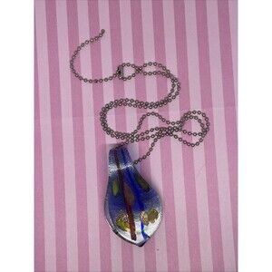 Murano-Style Glass Pendant Necklace | Abstract Blue Swirl | 24.5” Ball Chain
